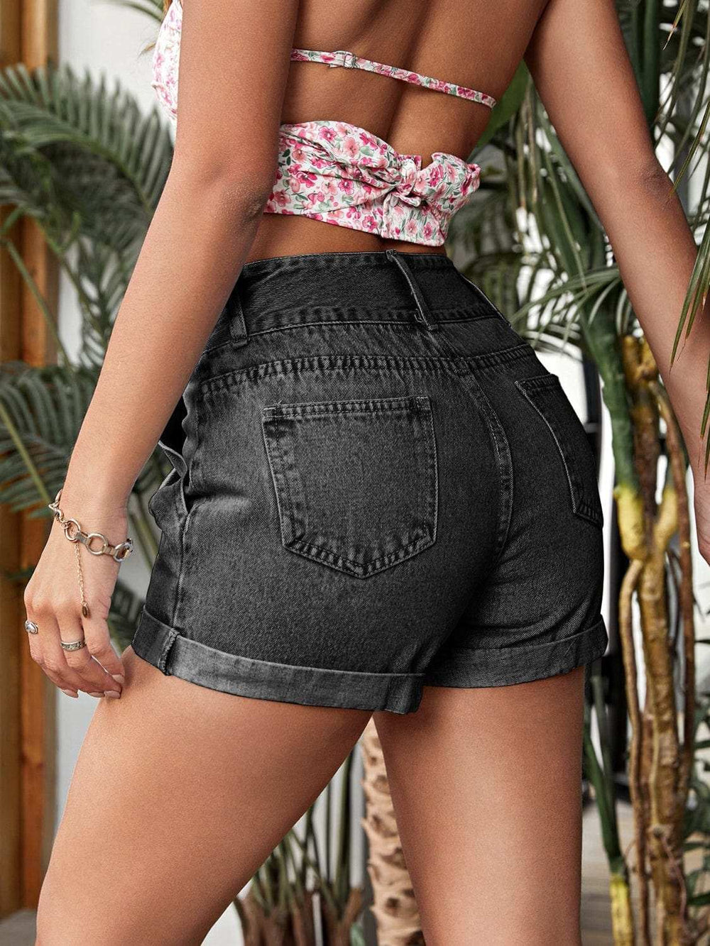 Pleated Detail High Rise Denim Shorts - Trendsi - Flyclothing LLC