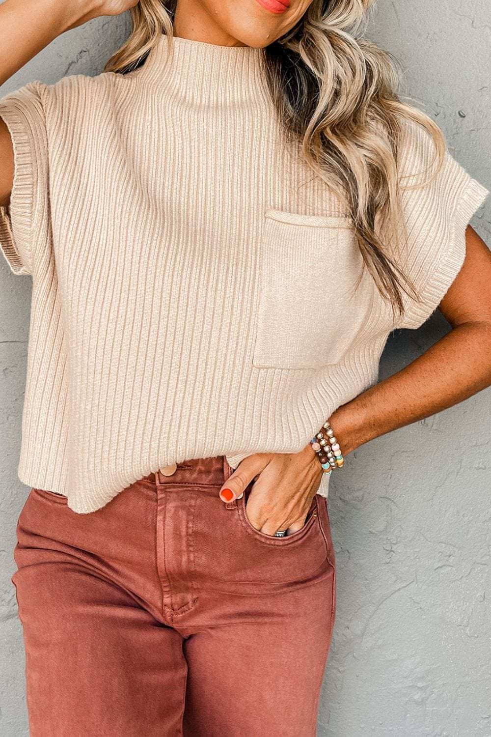 Mock Neck Sweater Vest with Chest Pocket - Trendsi - Flyclothing LLC