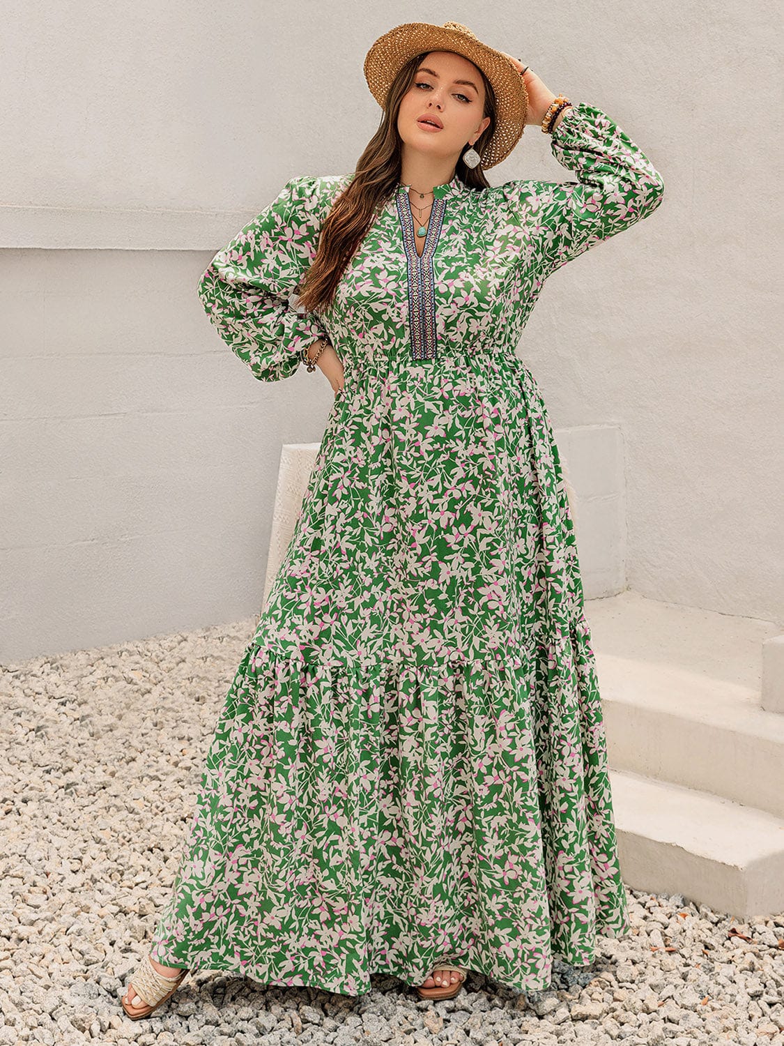 Plus Size Printed Notched Long Sleeve Maxi Dress - Trendsi