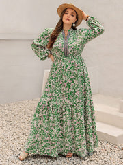 Plus Size Printed Notched Long Sleeve Maxi Dress - Trendsi