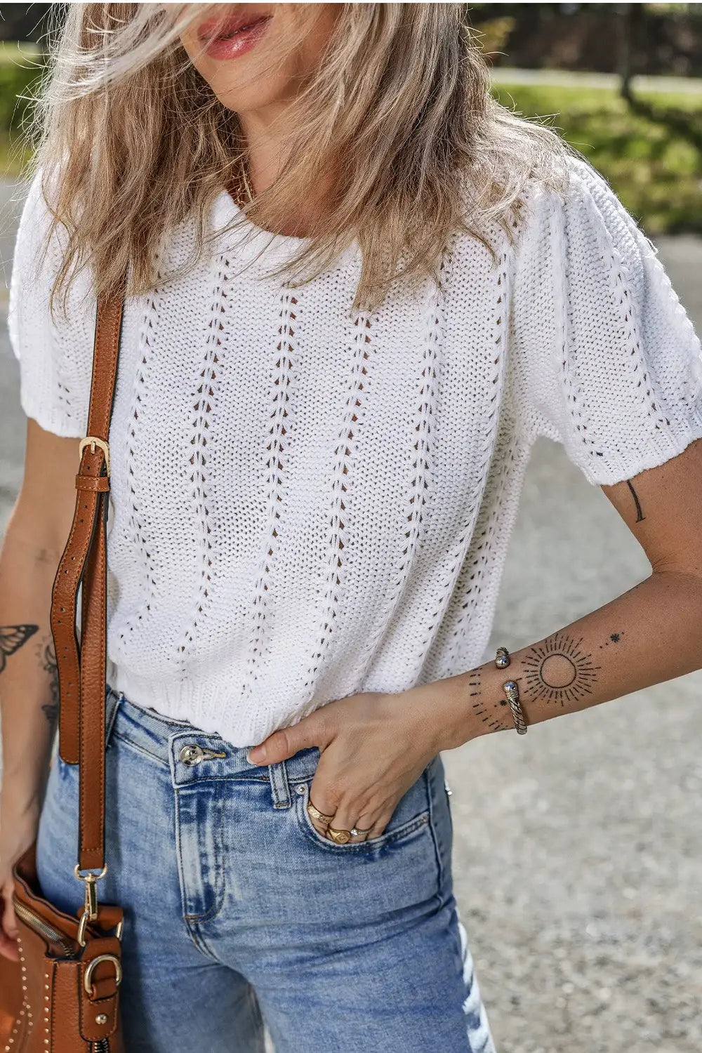 Openwork Round Neck Short Sleeve Knit Top - Trendsi - Flyclothing LLC