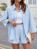 Button Up Long Sleeve Top and Shorts Set - Trendsi
