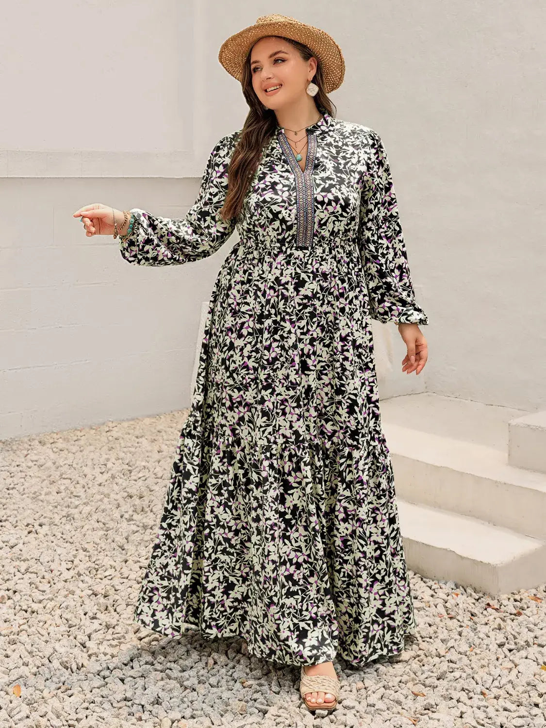 Plus Size Floral Print Long Sleeve Tiered Maxi Dress - Trendsi - Flyclothing LLC