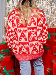 Candy Cane Contrast Round Neck Sweater - Trendsi