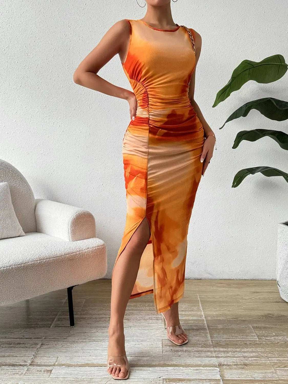 Slit Round Neck Midi Tank Dress - Trendsi - Flyclothing LLC