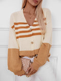 Color Block V-Neck Button Down Long Sleeve Cardigan - Trendsi