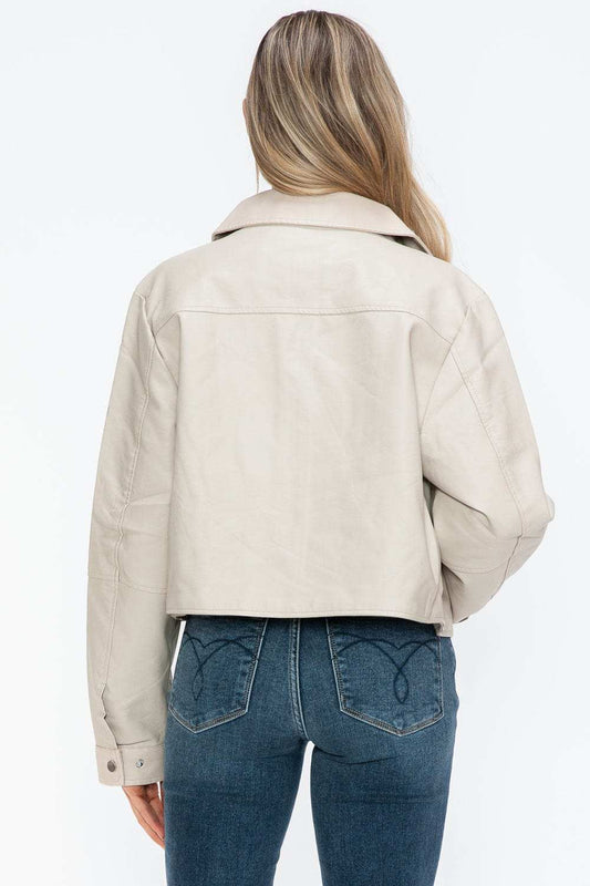 Snobbish Snap Down Long Sleeve PU Leather Jacket - Trendsi - Flyclothing LLC