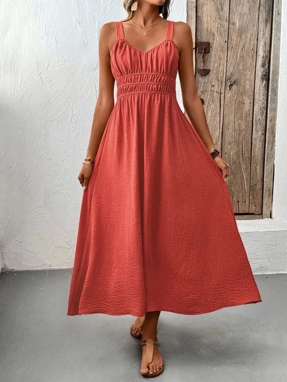 V-Neck Wide Strap Midi Cami Dress - Trendsi - Flyclothing LLC