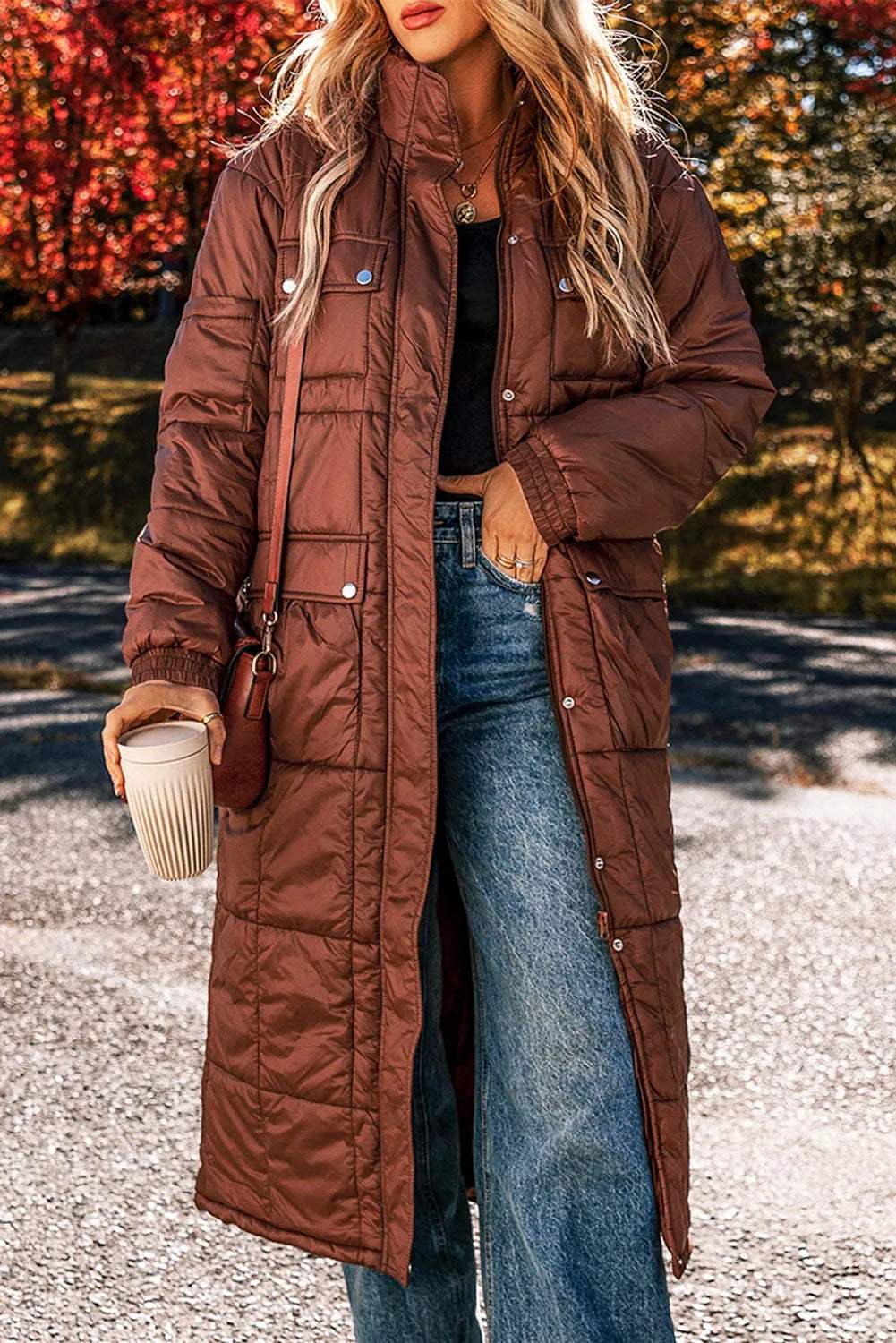 Pocketed Bubble Texture Long Sleeve Longline Winter Coat - Trendsi - Flyclothing LLC