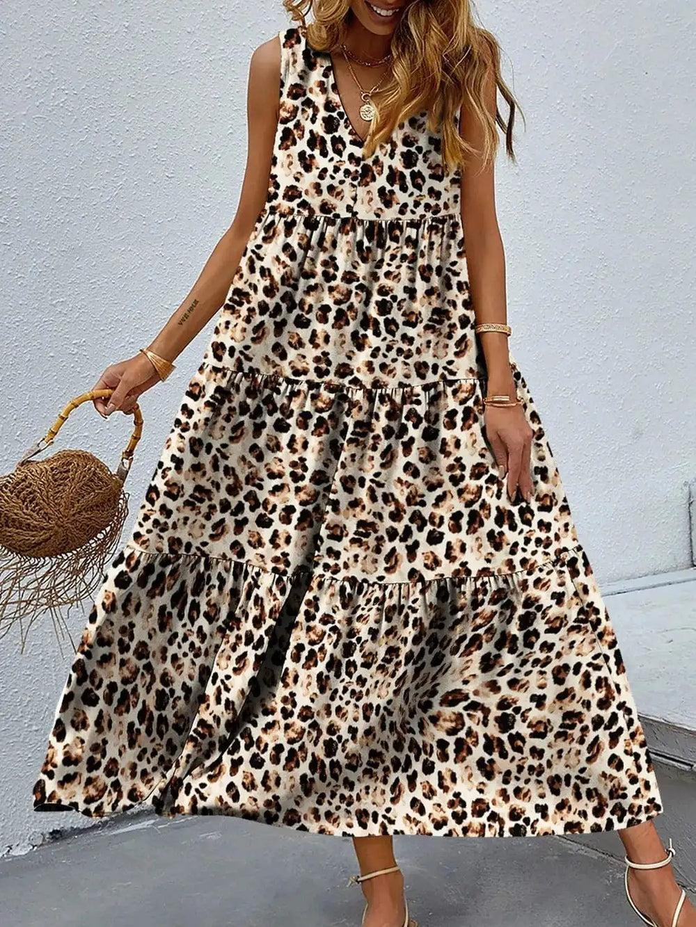 Printed V-Neck Tiered Maxi Tank Dress - Trendsi
