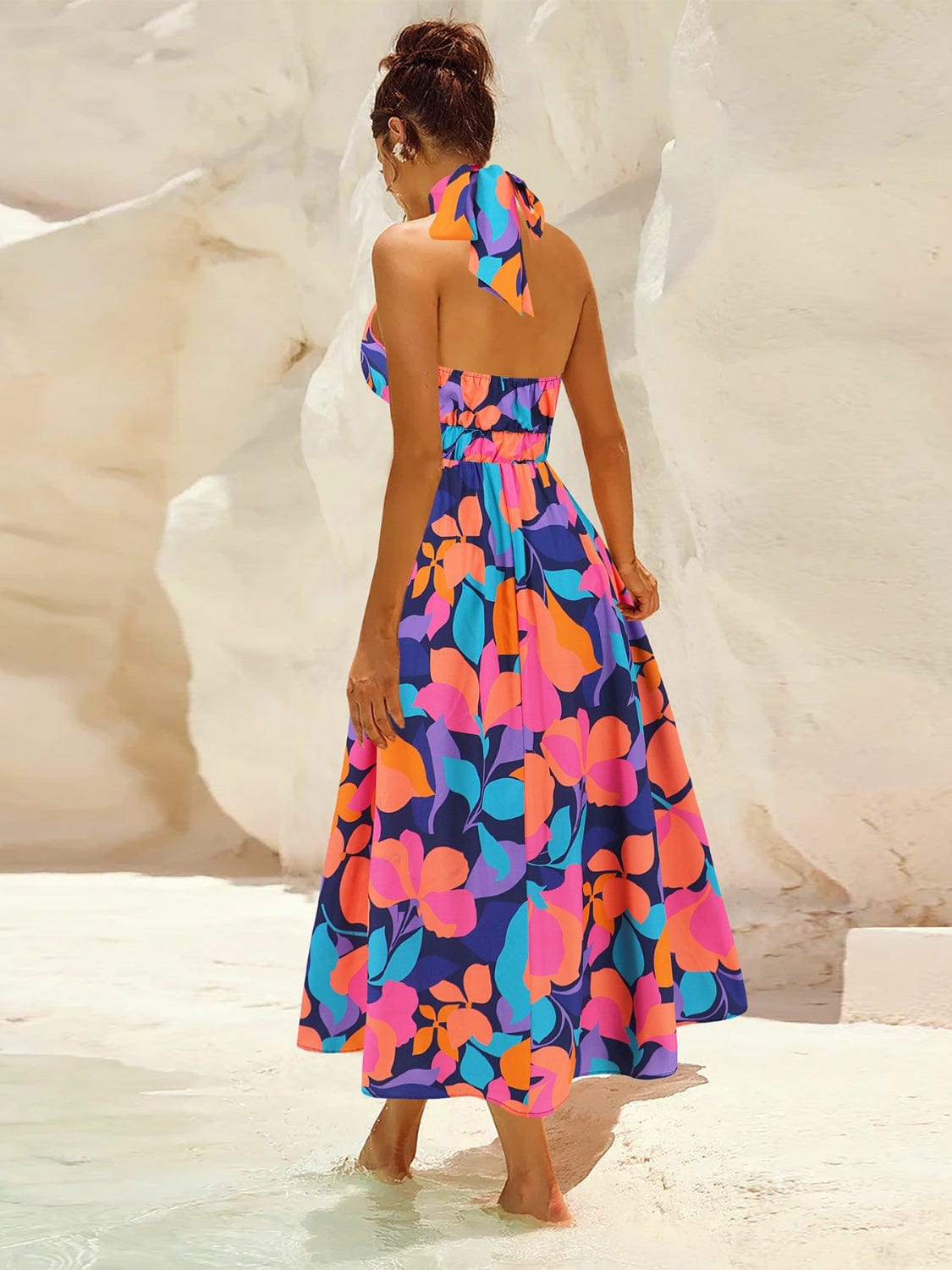 Ruched Printed Halter Neck Sleeveless Dress - Trendsi