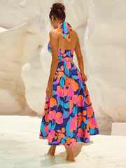Ruched Printed Halter Neck Sleeveless Dress - Trendsi