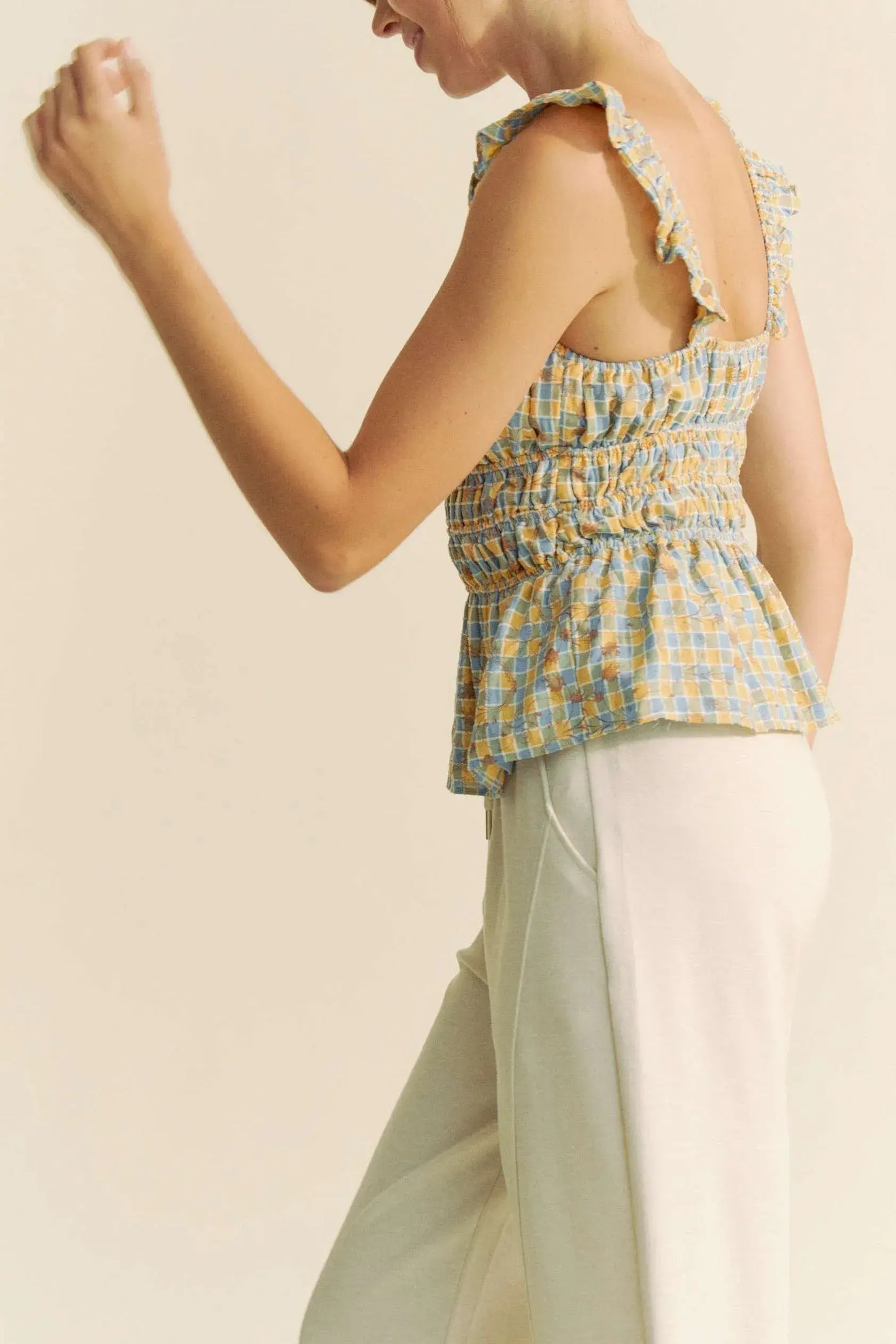 Davi & Dani Plaid Ruffled Strap Smocked Sleeveless Top - Trendsi - Flyclothing LLC