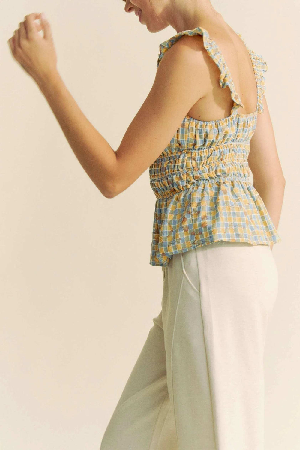 Davi & Dani Plaid Ruffled Strap Smocked Sleeveless Top - Trendsi - Flyclothing LLC