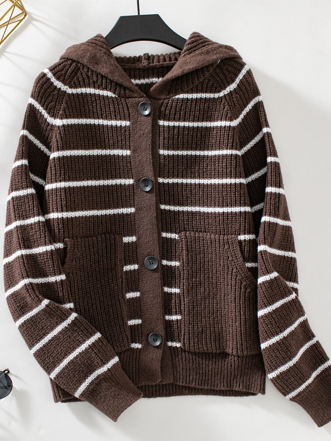 Striped Button Up Long Sleeve Hooded Cardigan - Trendsi