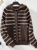 Striped Button Up Long Sleeve Hooded Cardigan - Trendsi