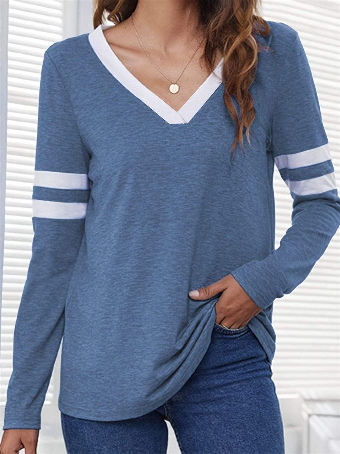 Heathered V-Neck Long Sleeve T-Shirt - Trendsi - Flyclothing LLC