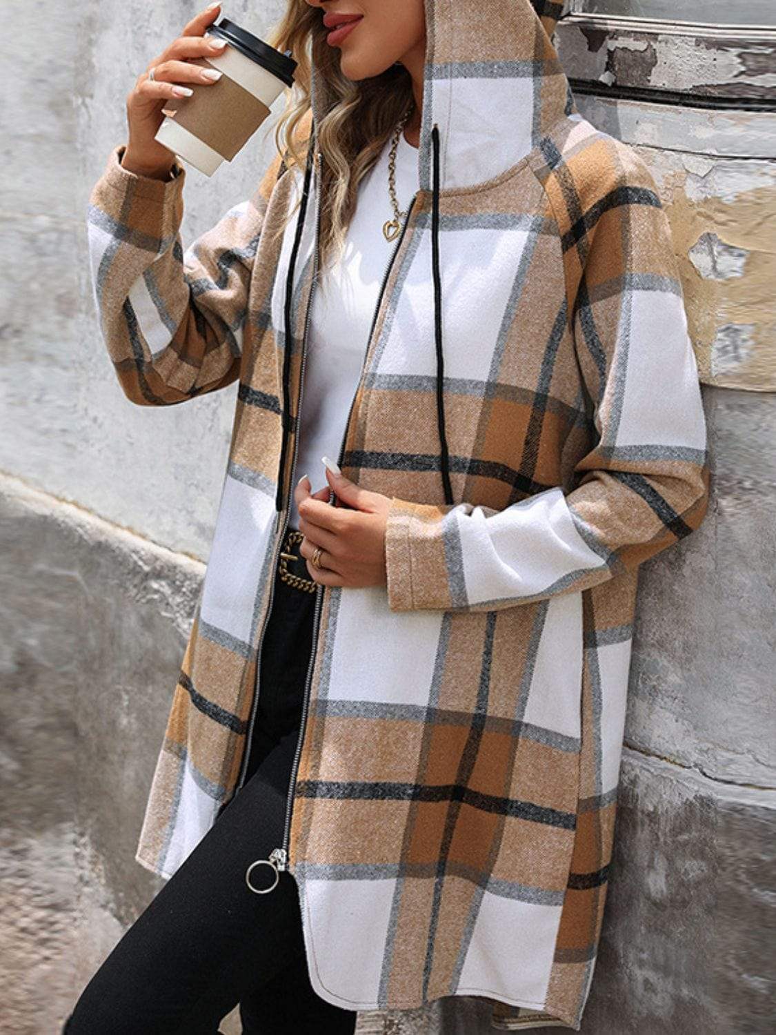 Drawstring Plaid Zip Up Long Sleeve Hooded Outerwear - Trendsi - Flyclothing LLC