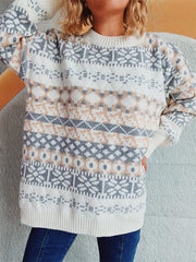 Geometric Round Neck Dropped Shoulder Sweater - Trendsi