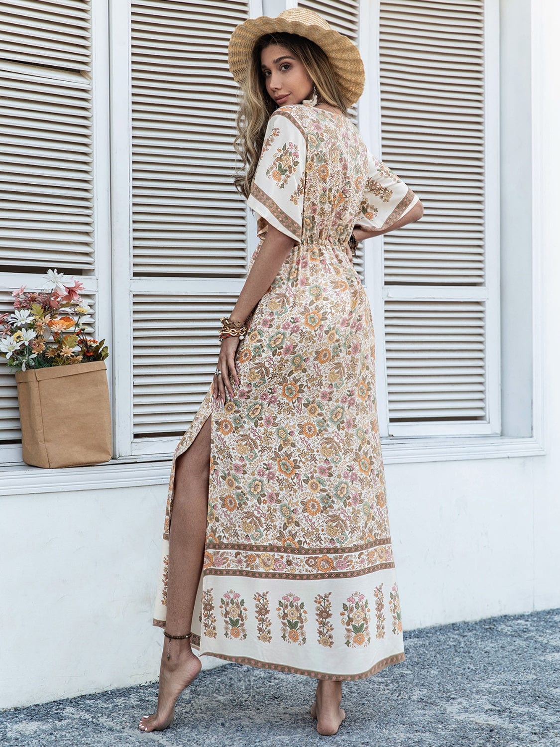 Drawstring Printed Plunge Half Sleeve Dress - Trendsi
