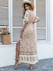 Drawstring Printed Plunge Half Sleeve Dress - Trendsi