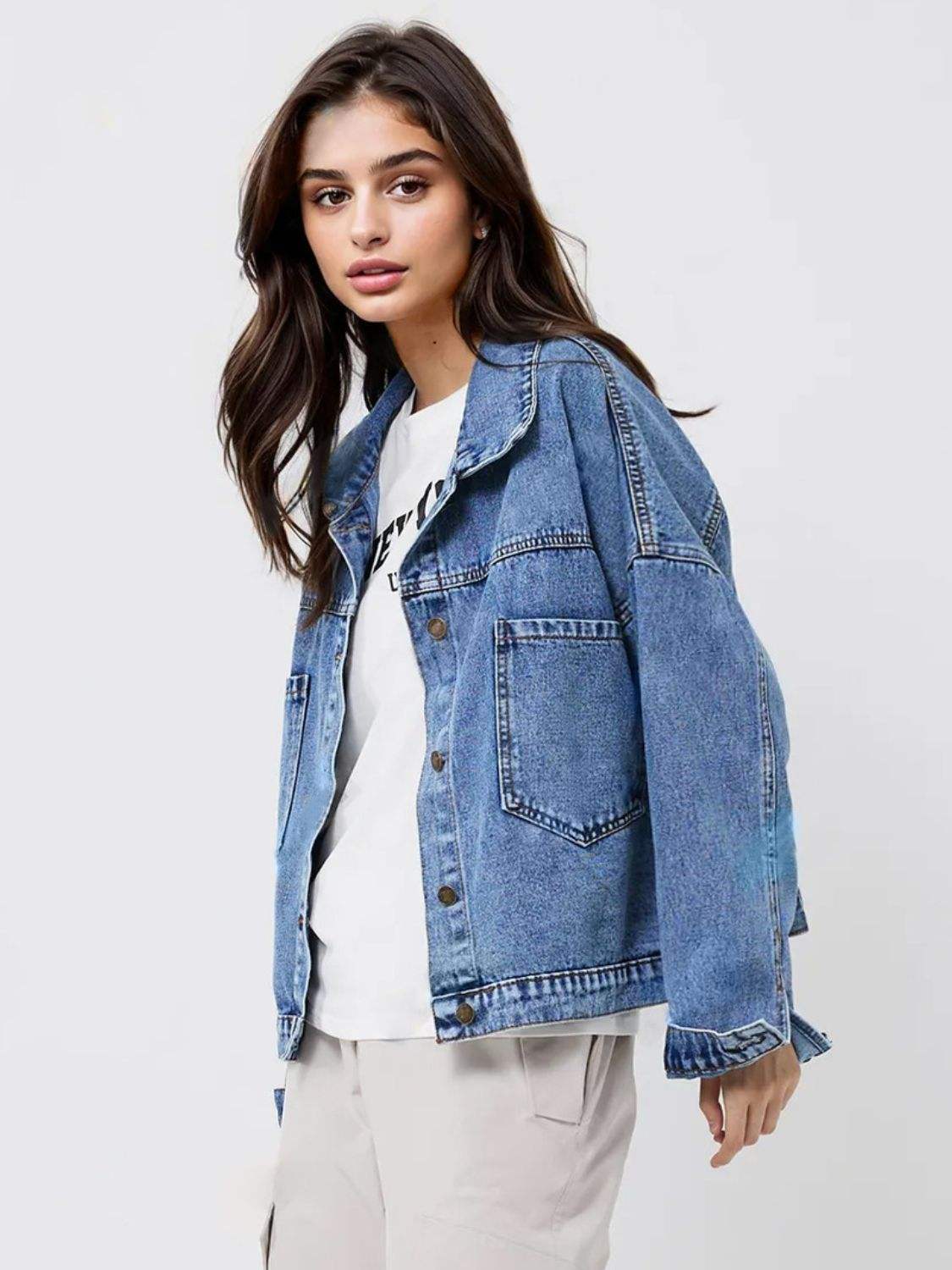 Pocketed Button Up Long Sleeve Denim Top - Trendsi - Flyclothing LLC
