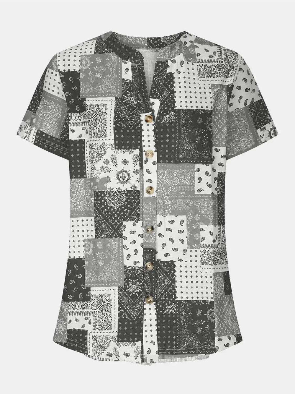 Printed Notched Short Sleeve Blouse - Trendsi - Flyclothing LLC