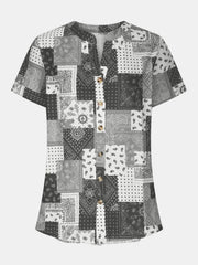 Printed Notched Short Sleeve Blouse - Trendsi