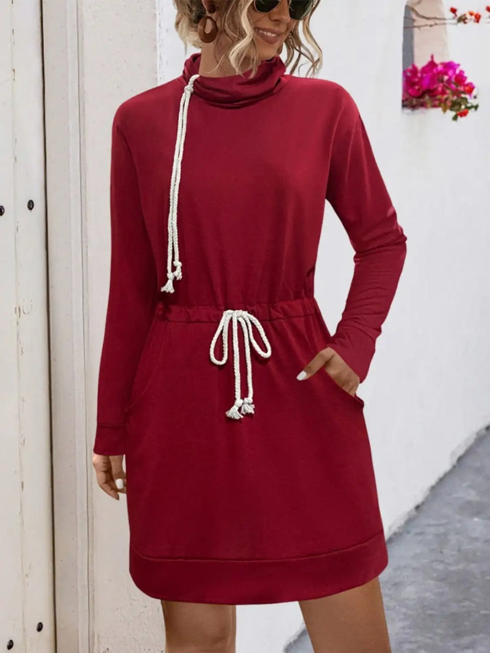 Drawstring Turtleneck Long Sleeve Mini Dress - Trendsi