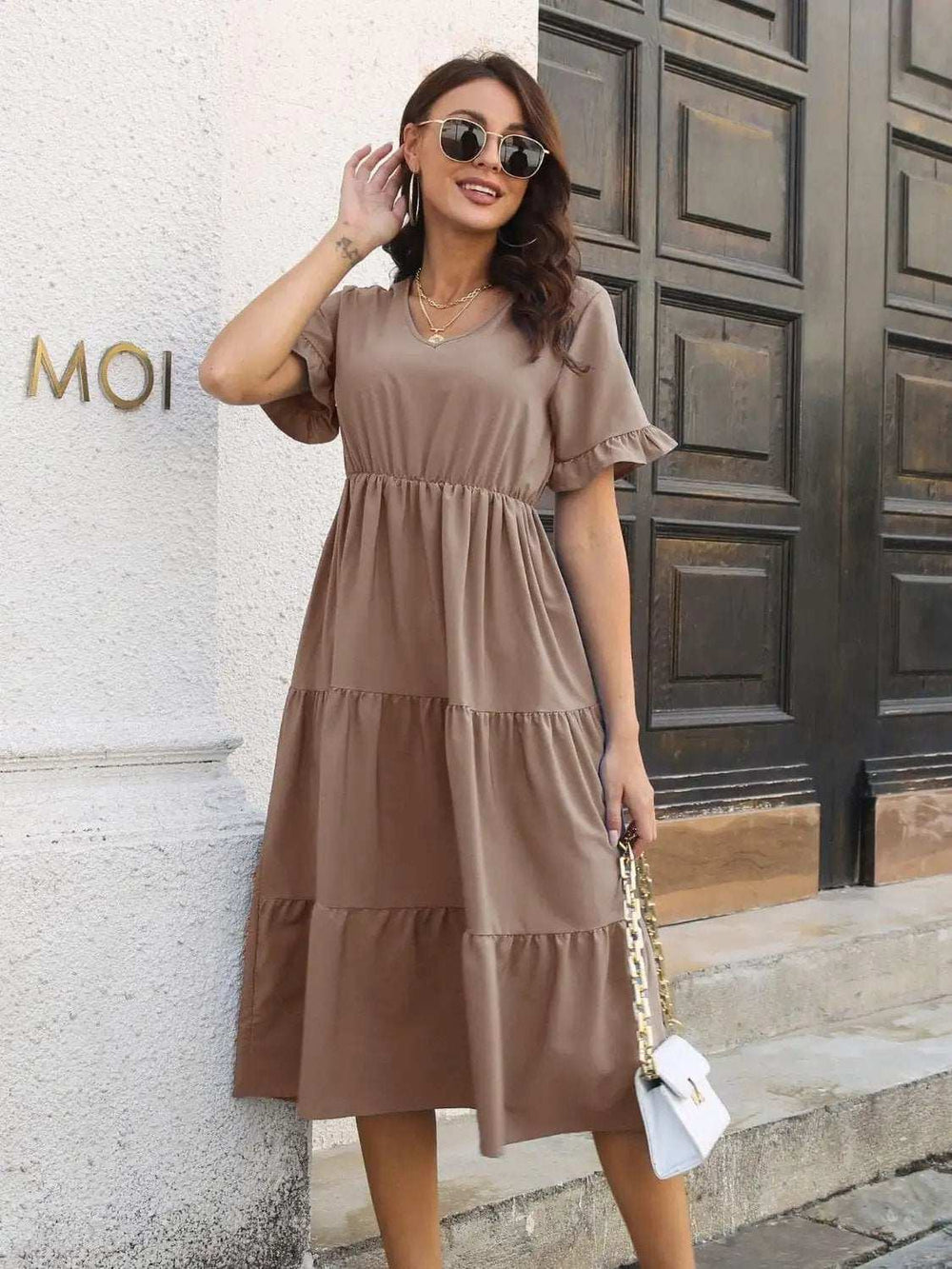 V-Neck Short Sleeve Midi Dress - Trendsi - Flyclothing LLC