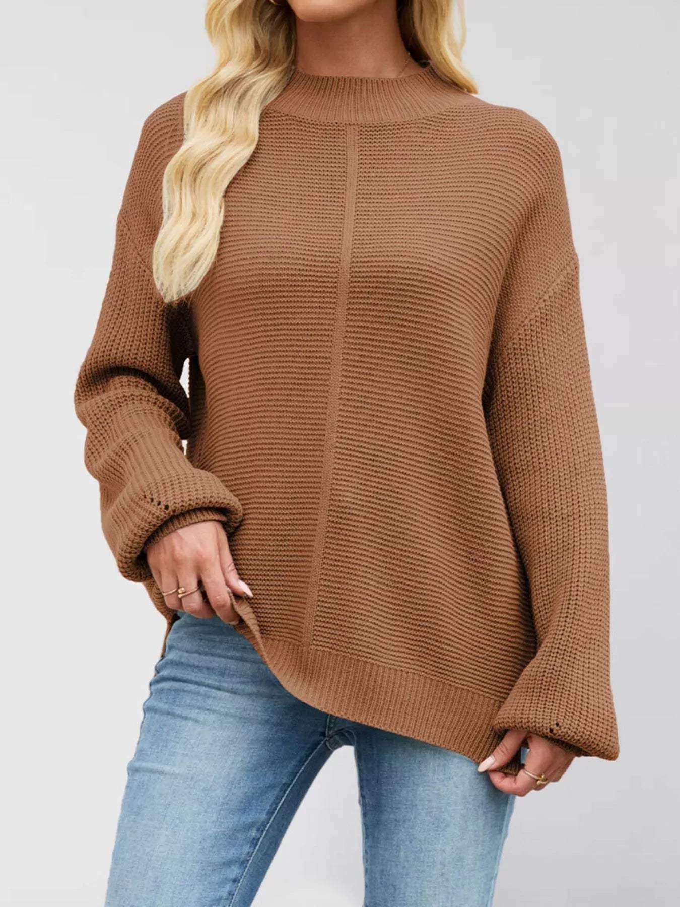 Ribbed Mock Neck Drop Shoulder Sweater - Trendsi - Flyclothing LLC