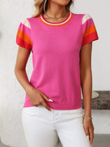 Mandy Contrast Round Neck Short Sleeve Knit Top - Trendsi - Flyclothing LLC