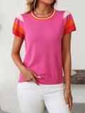 Mandy Contrast Round Neck Short Sleeve Knit Top - Trendsi