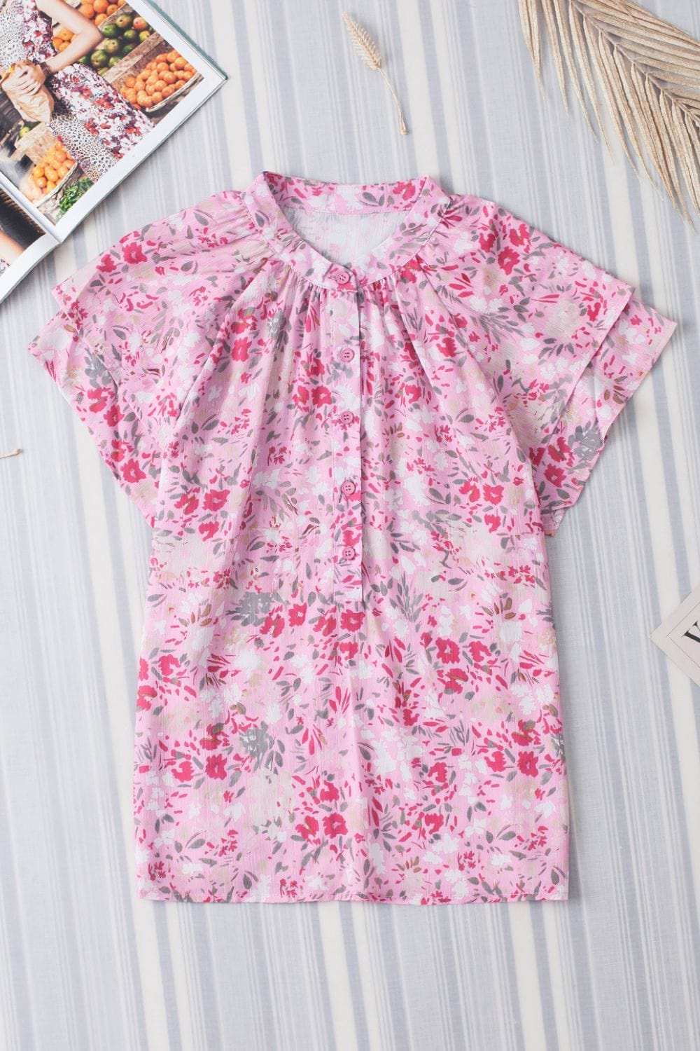 Floral Half Button Round Neck Short Sleeve Blouse - Trendsi - Flyclothing LLC