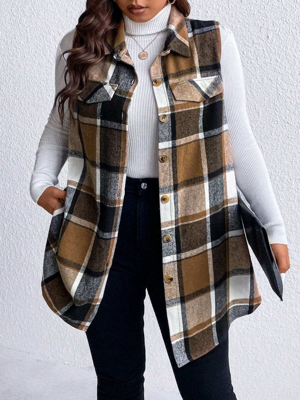 Honey Plus Size Pocketed Plaid Button Up Vest Coat - Trendsi - Flyclothing LLC