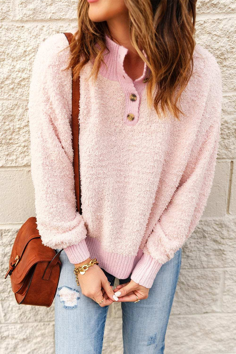 Button Detail Mock Neck Long Sleeve Sweater - Trendsi - Flyclothing LLC