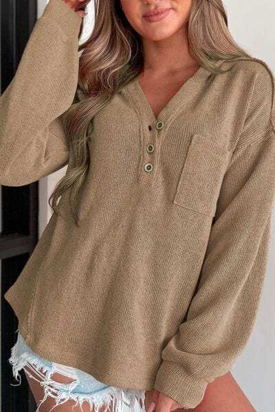 Button Detail Long Sleeve Hoodie - Trendsi - Flyclothing LLC