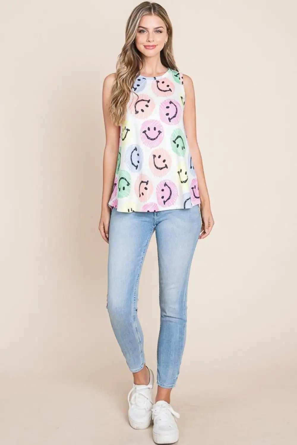 BOMBOM Smiley Face Round Neck Tank - Trendsi - Flyclothing LLC