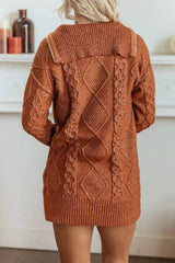 Zip-Up Cable Knit Drop Shoulder Sweater Dress - Trendsi - Flyclothing LLC