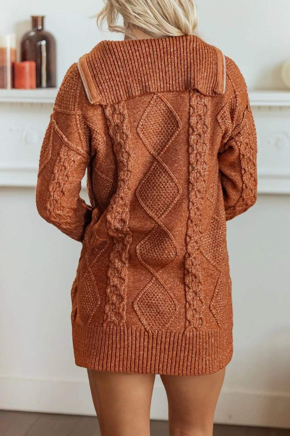 Zip-Up Cable Knit Drop Shoulder Sweater Dress - Trendsi - Flyclothing LLC