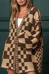 Checkered Open Front Long Sleeve Cardigan - Trendsi - Flyclothing LLC