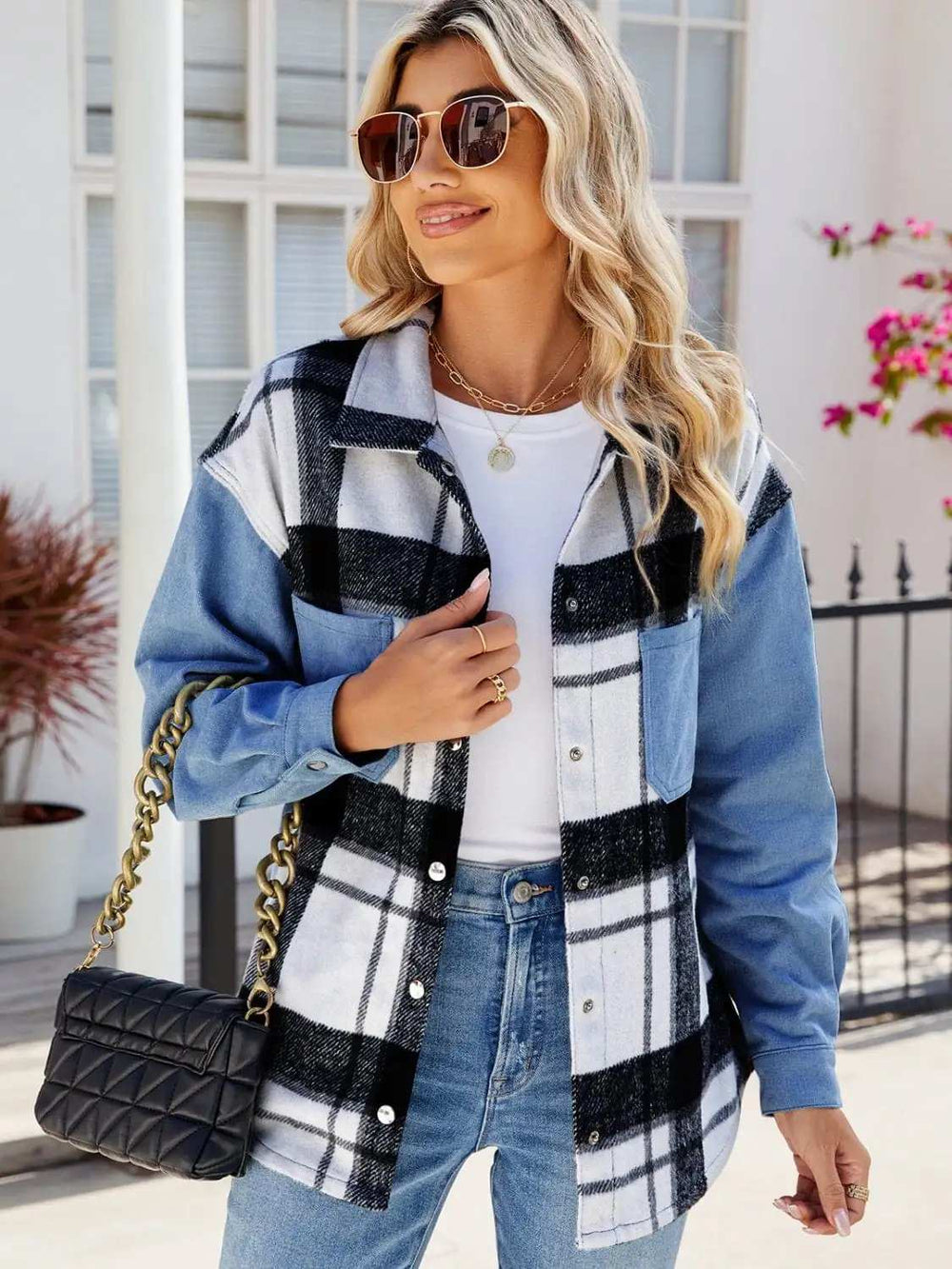 Pocketed Plaid Snap Down Denim Jacket - Trendsi - Flyclothing LLC