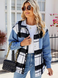 Pocketed Plaid Snap Down Denim Jacket - Trendsi