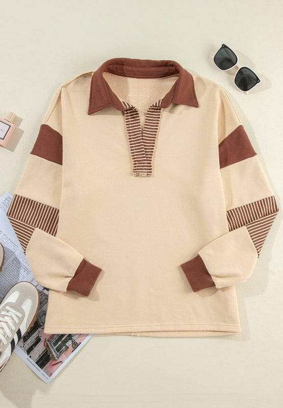 Color Block Johnny Collar Long Sleeve Sweatshirt - Trendsi - Flyclothing LLC