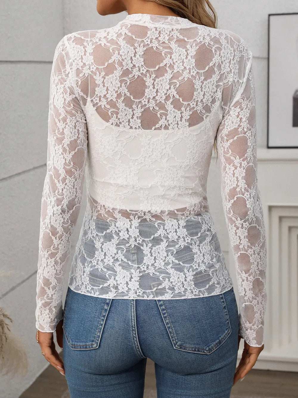 Floral Mock Neck Long Sleeve Mesh Top - Trendsi - Flyclothing LLC