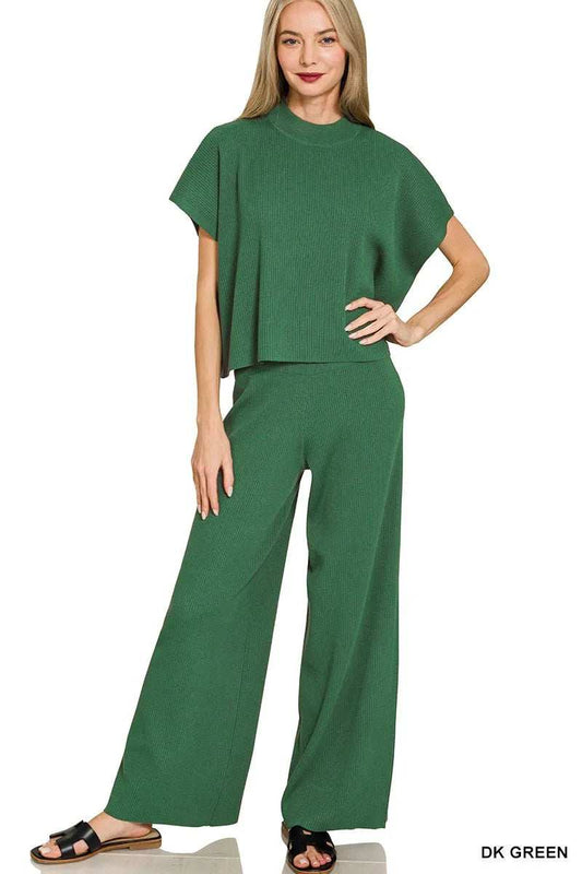 Zenana Viscose Sweater Short Sleeve Top and Pants Set - Trendsi - Flyclothing LLC