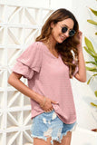 Swiss Dot V-Neck Short Sleeve Blouse - Trendsi - Flyclothing LLC