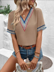 Full Size V-Neck Short Sleeve Blouse - Trendsi