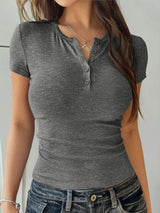 Devine Button Detail Short Sleeve T-Shirt - Trendsi - Flyclothing LLC