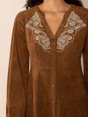 Notched Button Down Long Sleeve Mini Dress - Trendsi